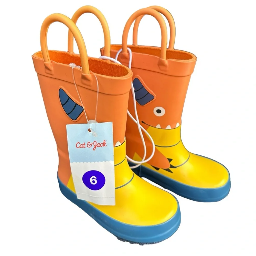 NWT Cat & Jack Toddler Boy's Waterproof Rainboots Leif Orange Monsters Size 6 - Picture 4 of 4
